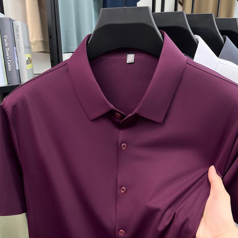 Pánská letní bezešvá košile s krátkým rukávem z ledového hedvábí - Prodyšná, jednobarevná, Business Casual, s krátkým rukávem.