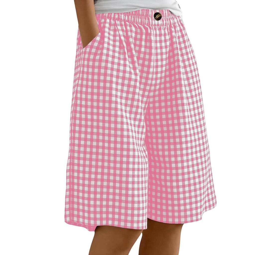 Women's Casual Comfortable Plaid Button-up Summer Shorts With Pockets