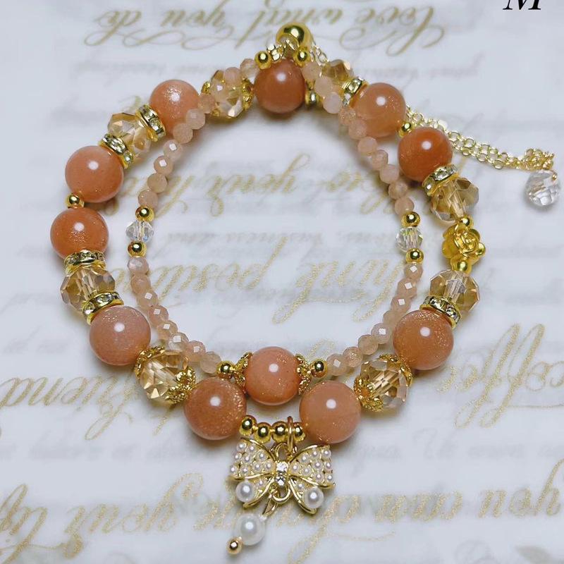 Natural Orange Moonstone Crystal Bracelet Bow Pendant Bracelet Jewelry Double Ring Bracelet