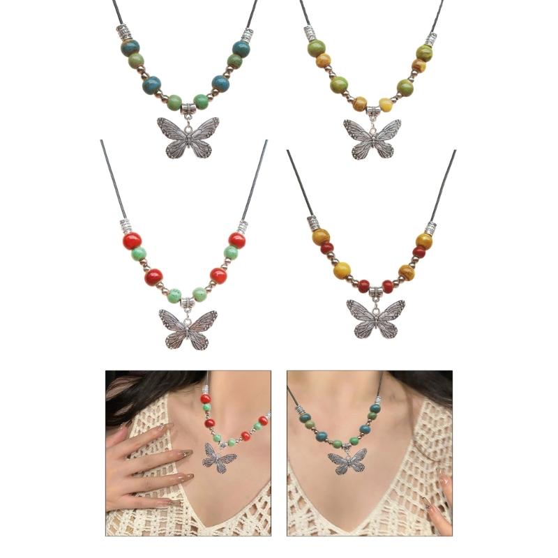 Color Beads Pendant Necklace Sweet Butterflies Clavicle Chain Female Summer Adjustable Rope Necklace Sweater Chain