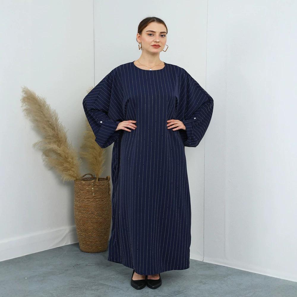 F479 Rhinestone Loose Long Dress with Striped Batwing Sleeves - Fashionable Women's Outerwear