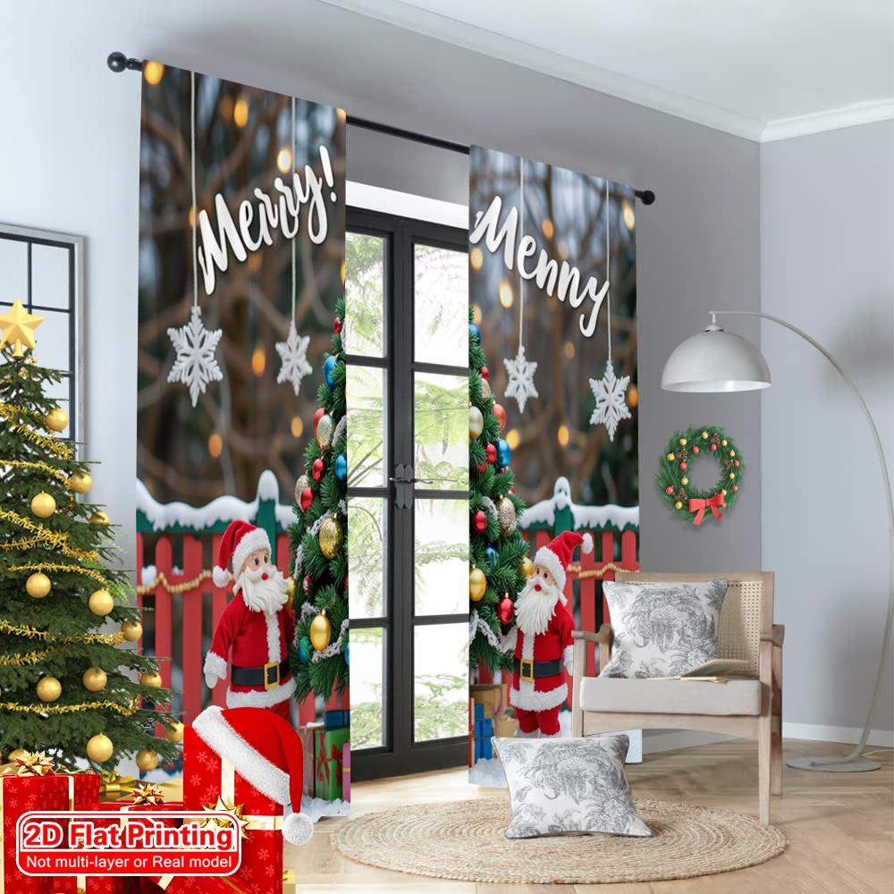 2pcs 2D Flat Printing Merry Christmas Popular Curtains Merry Christmas Santa Tree 100% Polyester Without Electricity 0 Use for