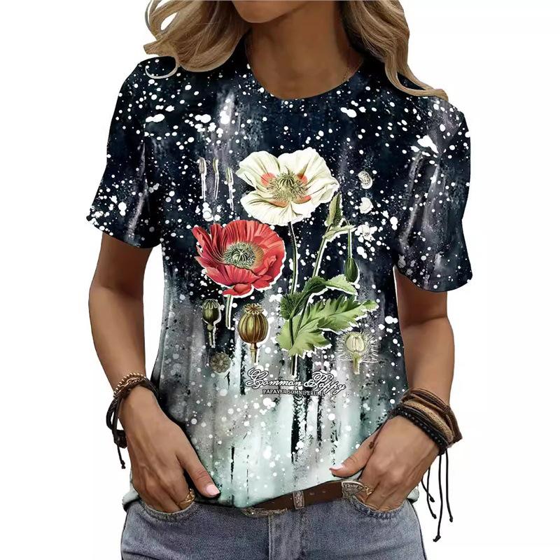 

New European & American Floral 3D Print Black and White Round Neck T-Shirt XXL