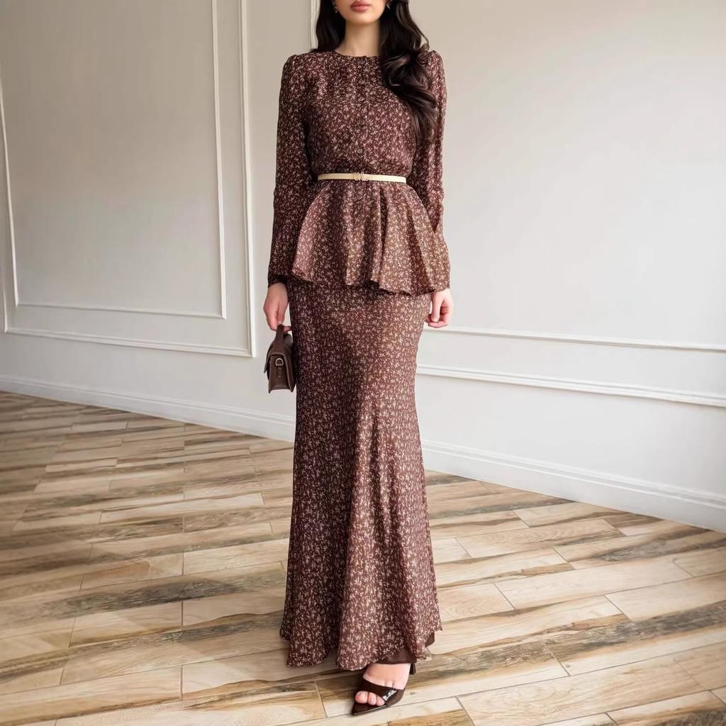 Cross-border European and American women's clothing  Amazon casual fashion round neck belt lady long sleeve hip skirt two pieces