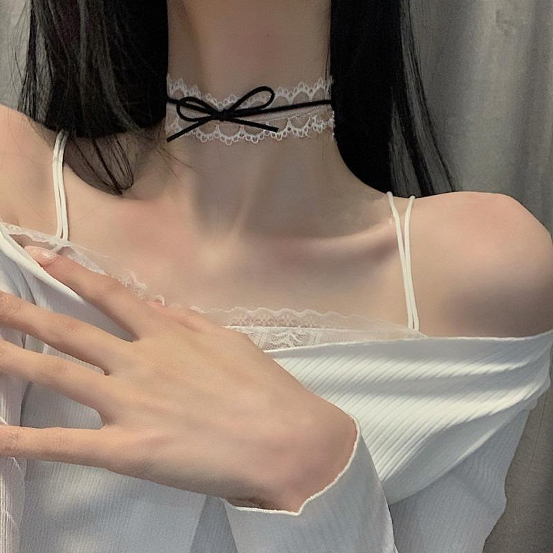 White Lace Bow Choker Clavicle Necklace Korean Style Sweet Women Neck Jewelry