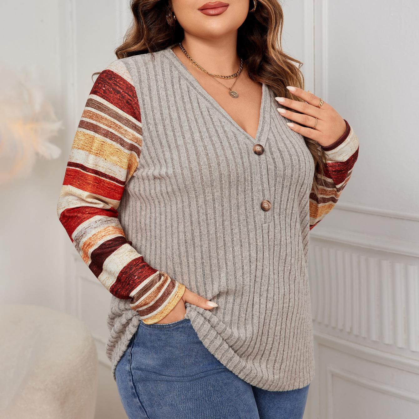 

Большие размеры Женская мода V-образный вырез полосатый сращивание топы осень и зима блузка с длинными рукавами 4XL серый