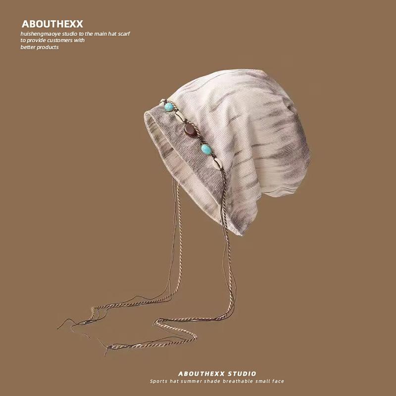 Tie Dyed Tassel Pile Hat for Women New Retro Beaded Face Showing Small Knitted Hat  Versatile Pullover Cold Hat Trend