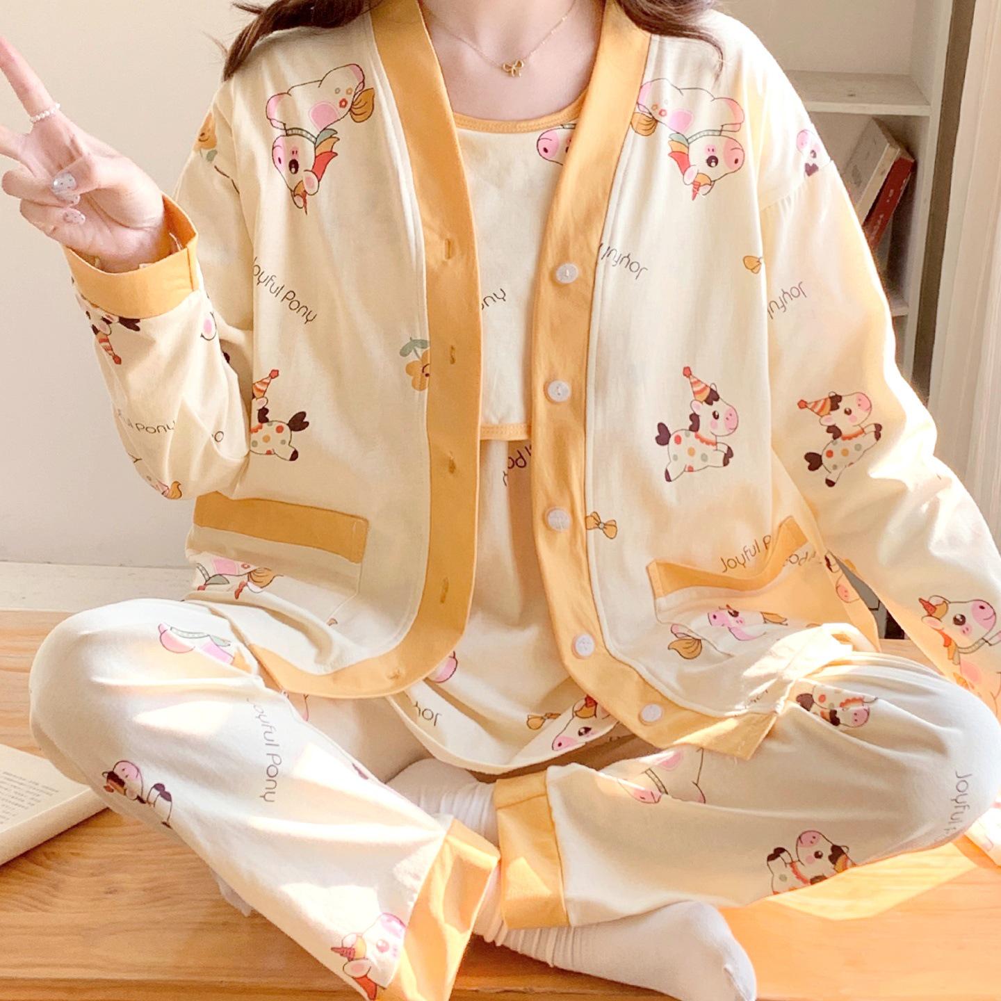 

Spring & Autumn Maternity Pajama Set: Breathable Three-Piece for Delivery & Breastfeeding with Absorbent Breast Pads XL