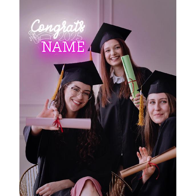 Custom Congrats Name Neon Signs for Class of 2025 Graduation, Personalized Congrats LED Neon Lights with Graduation Cap for Graduation Party Decor,
