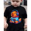 European Sizes Summer Boys' Fashion Short-Sleeve T-Shirt with Capybara Cartoon Print Playing Video Game with Headphones, Outdoor Casual Top