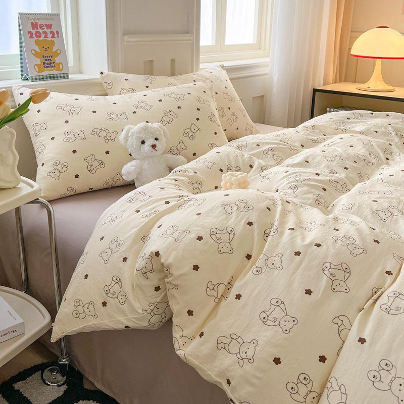Small Clear Four-piece Set of Washed Cotton Sheets, Quilt Cover Three-piece Set of Bedding