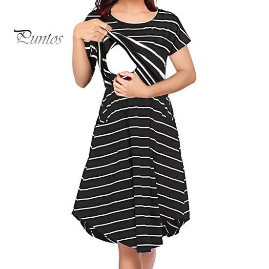 Summer Mother Breastfeeding Dress Openable Front Striped Round Neck Irregular Hem Short Sleeve Pregnant Women Nightdress Midi Dress