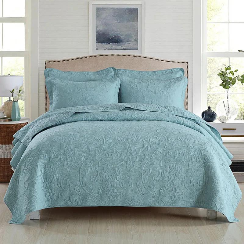 

Вышитый хлопковый стеганый набор 3 предмета Однотонное покрывало с 2 наволочками Размер кинг-сайз/квин-сайз Покрывало-одеяло для кровати Queen 230x250cm синий