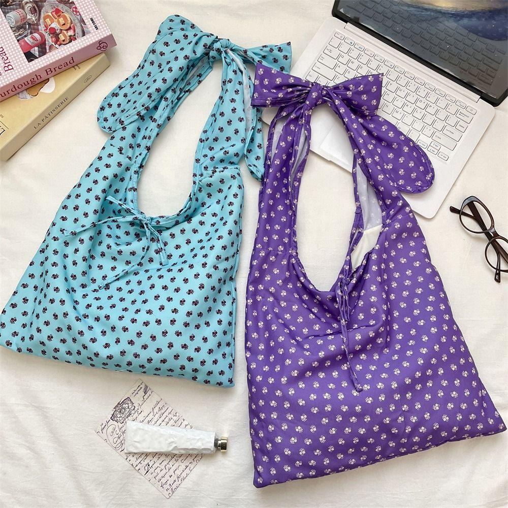 Prined Floral Pattern Canvas Bag Lightweight Handbags Fashion Tie Bow Shoulder Bag  Outdoor