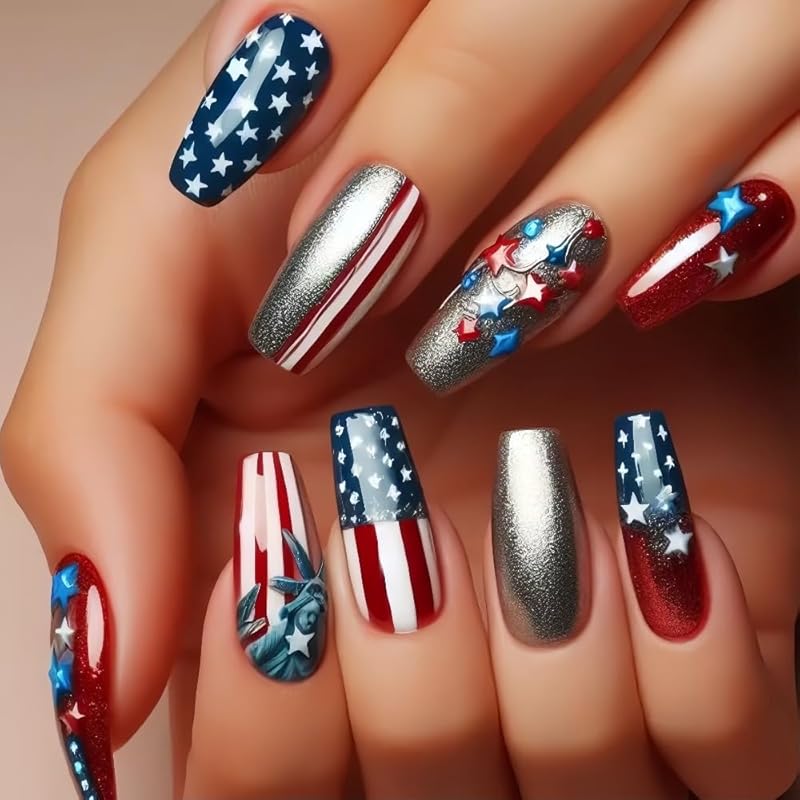 Independence Day Press on Toenails Short Square Fake Toe Nails Red Glitter False Toenails with Stripe Designs Full Cover Glossy Stick on Toenails style 13