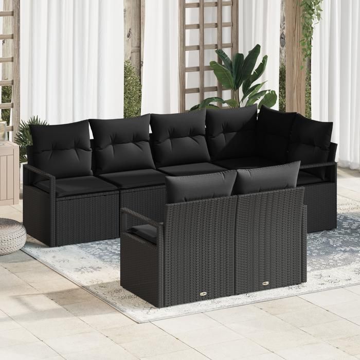 Canapé de Jardin 7 Pièces avec Coussins Noir Poly Rattan, Canapé de Jardin 2 Places Noir Poly Rattan 3346423