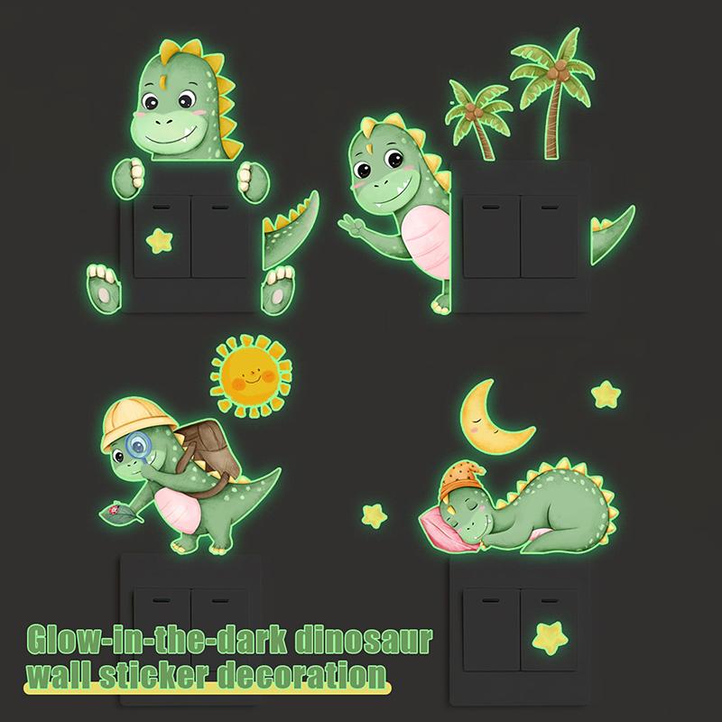 

Glow-In-The-Dark Dinosaur, Sun, And Moon Light Switch Stickers For Bedroom And Living Room Decorative Walls. A