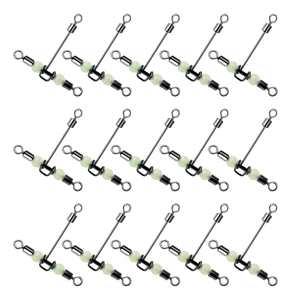 15Pcs Barrel Rolling Swivels Fishing Tackle with Luminous Beads Cross Line Swivels T Shape Swivel Catfish Rig Swivels