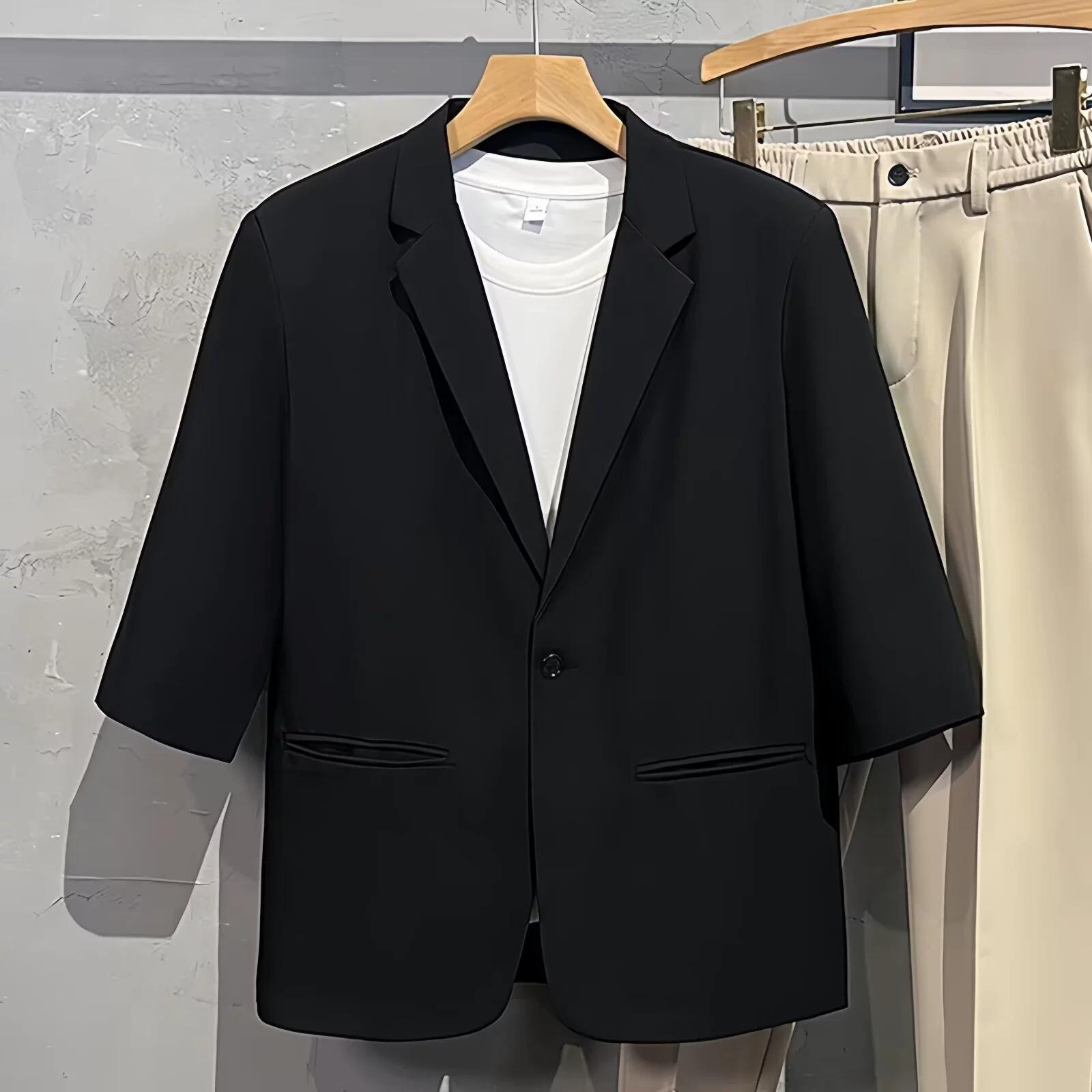 

Универсальный пиджак, модный мужской простой однотонный повседневный пиджак с коротким рукавом, хорошо облегающие топы, костюм, пальто, большие размеры XS чёрный