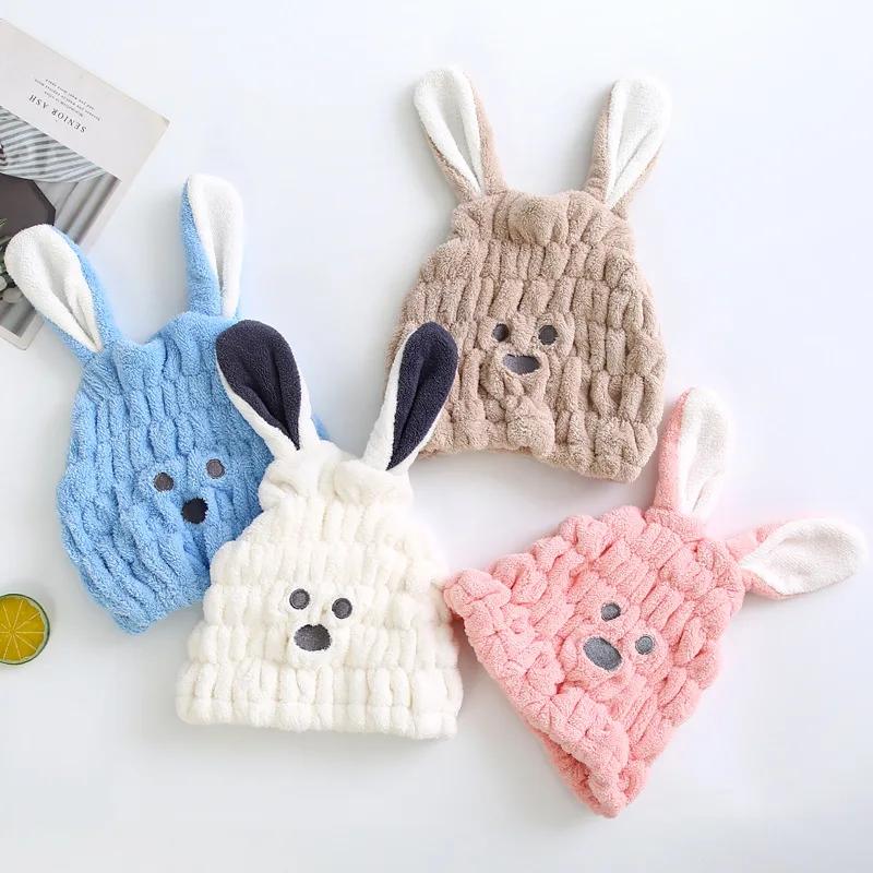Long Ears Rabbit Hats Thick Coral Fleece Hair Drying Caps for Kids Shower Strong Absorbing Towels Bathroom Supplies