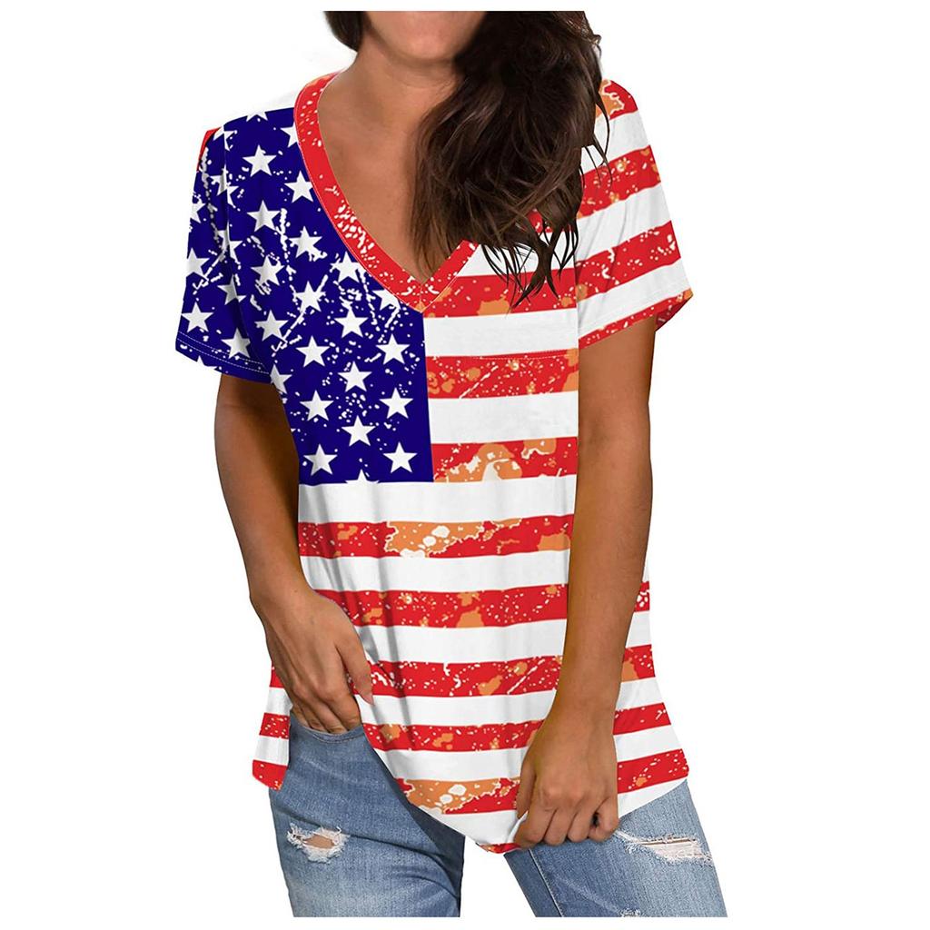 Independence Day Women's Casual V-Neck Loose Short Sleeve T-Shirt Blouse Tops