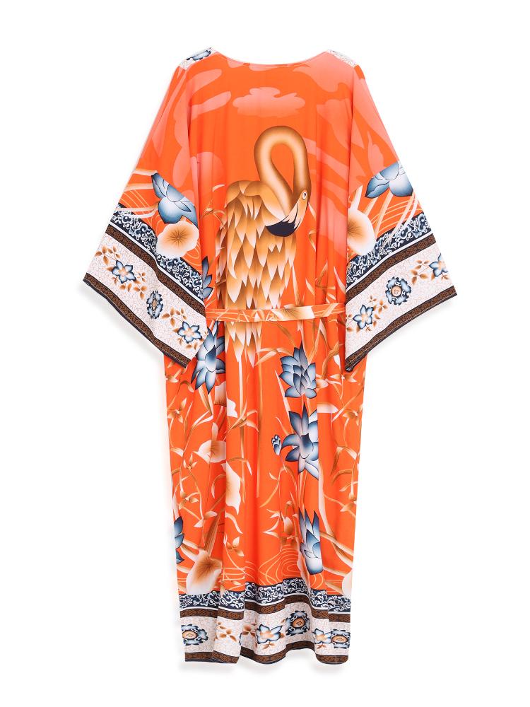 EDOLYNSA 2024 Bikini-Vertuschungen, rosa, Boho-Druck, selbstgürtelnd, vorne offen, langes Kimono-Kleid, Strand-Tunika, Damen-Badeanzug-Vertuschung