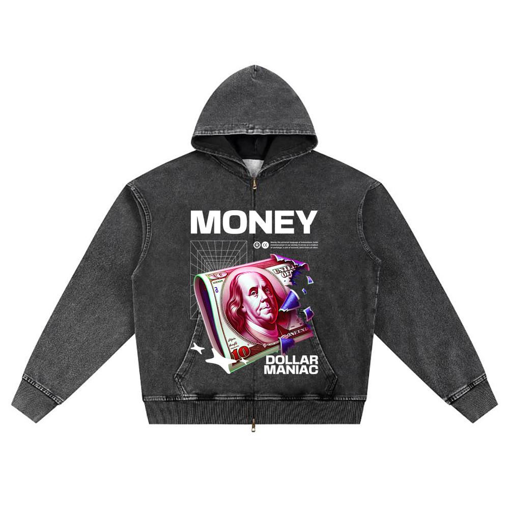 DTG Print Knitted Denim Zip-Up Hoodie Money Brother Print Zipper Hoodies