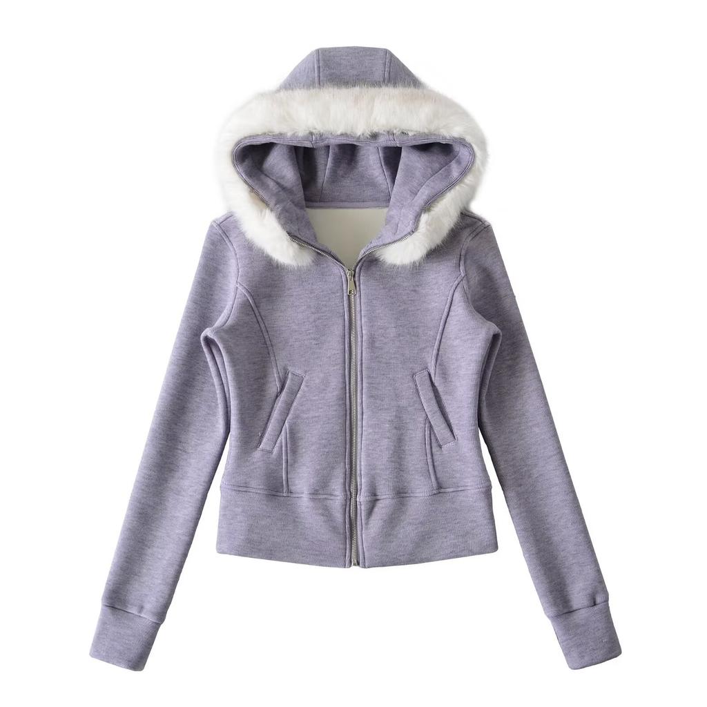 American plush liner fur collar jacket short slim fit hooded cardigan sweater