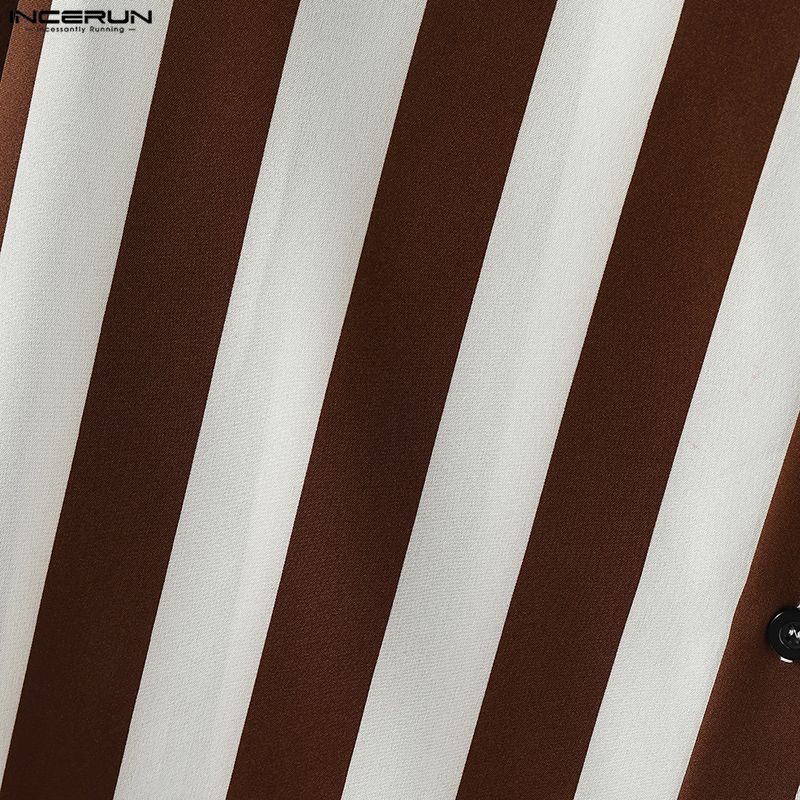 INCERUN Oversized Men Casual Lapel Neck Drop Shoulder Long Sleeve Striped Buttons Shirts Tops