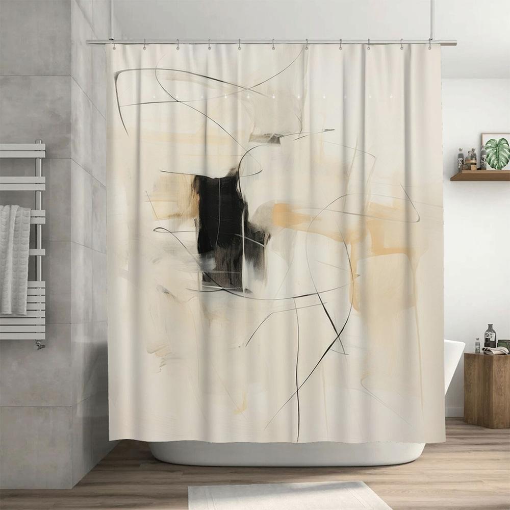 Modern Minimalist Bathroom Shower Curtain Waterproof Artistic White Cream Black Decorative Bathtub Rug Sets Home Decoration (B)