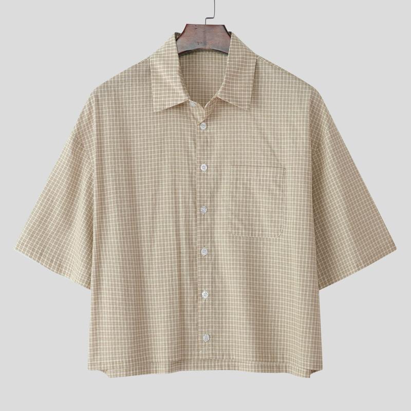 

INCERUN Oversized Men Turn-down Collar Short Sleeve Plaid Casual Loose Short Shirts XL хаки