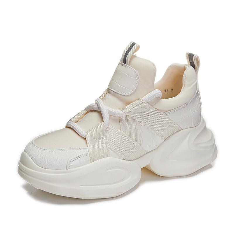 Genuine Leather Platform Shoes  Women's New Black Thick Soles Internal Height Increasing Sports Shoes White Sneakers Women