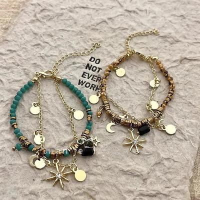 Vintage náramky z přírodního kamene s dvojitou vrstvou korálků pro ženy Kovový přívěsek Hvězda Mangu Náramky s přívěsky Šperky Dárky