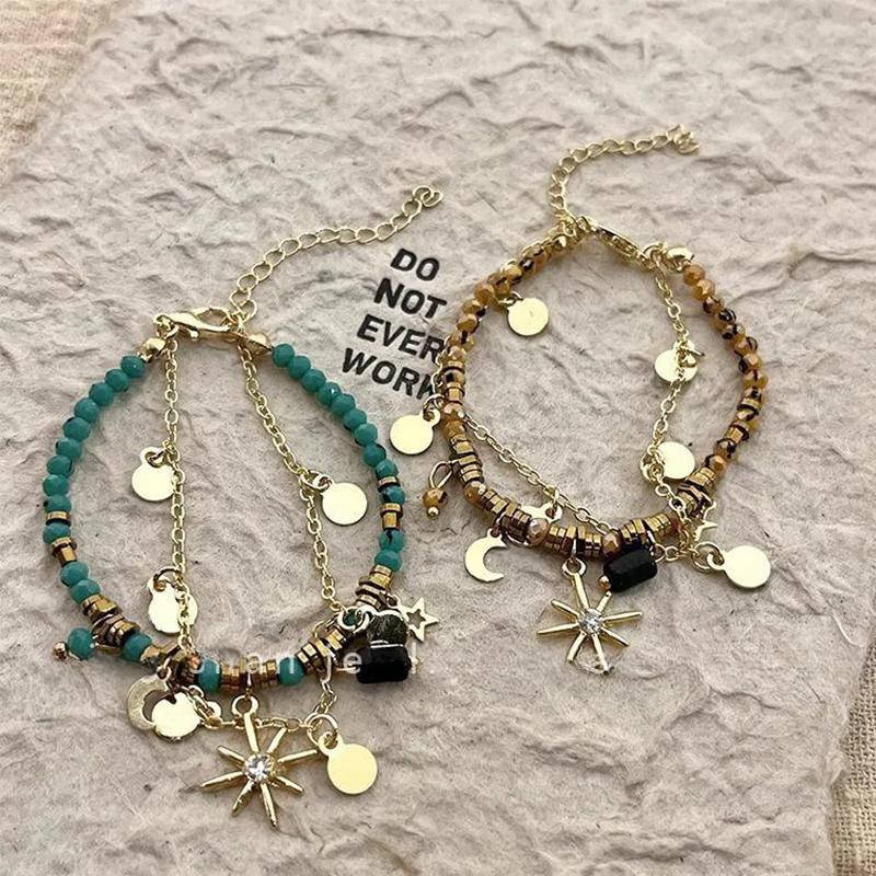 Vintage Natural Stone Double Layered Beads Bracelets For Women  Metal Mang Star Pendant Bracelets Charm Jewelry Gifts