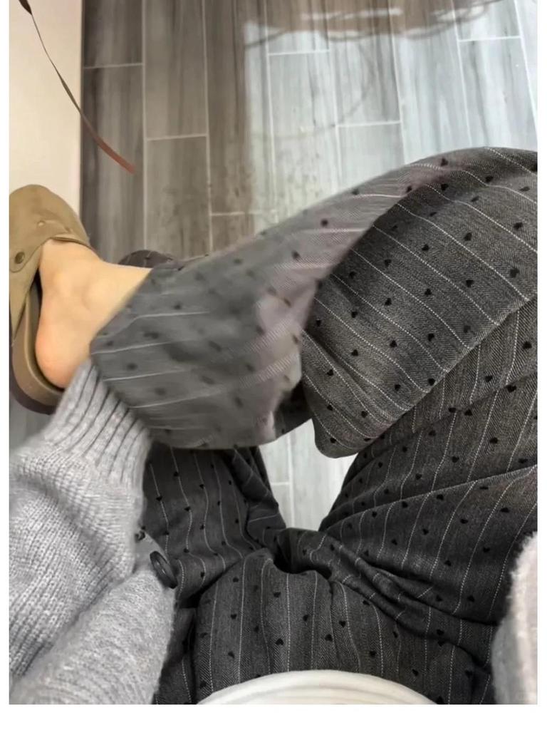 Gray Heart Flocked High Waist Wide-Leg Casual Pants for Women - Spring/Autumn 2025