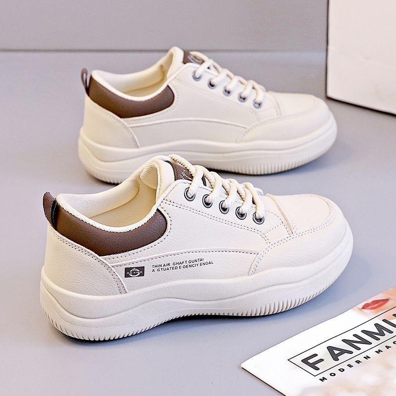 Spring and Autumn New Leather White Shoes Women's Versatile Women's Shoes Comfortable Student Running Sneakers Khaki