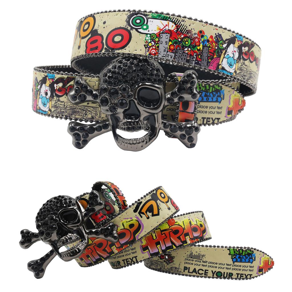 Big Skull Rhinestone belt women Men's PU leather belt Crystal set Western Cowgirl Diamond belt Colorful little tree graffiti