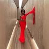 Summer New Design Hollow Hip Wrap Tight Dress Long Dress Elegant Temperament Solid Color Diagonal Neck Dress