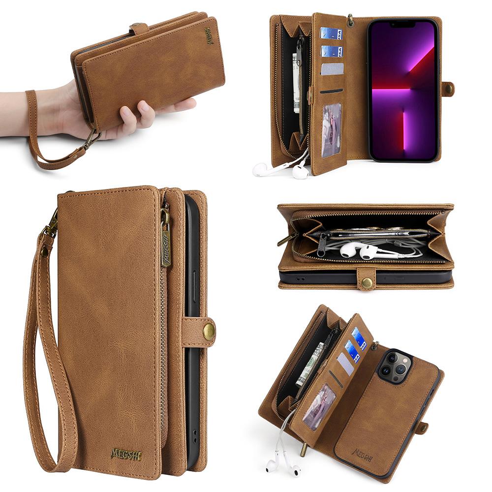 

MEGSHI 017 Series For iPhone 15 Pro Zipper Pocket Leather Wallet Phone Cover Magnetic Detachable Anti-drop Case Brown