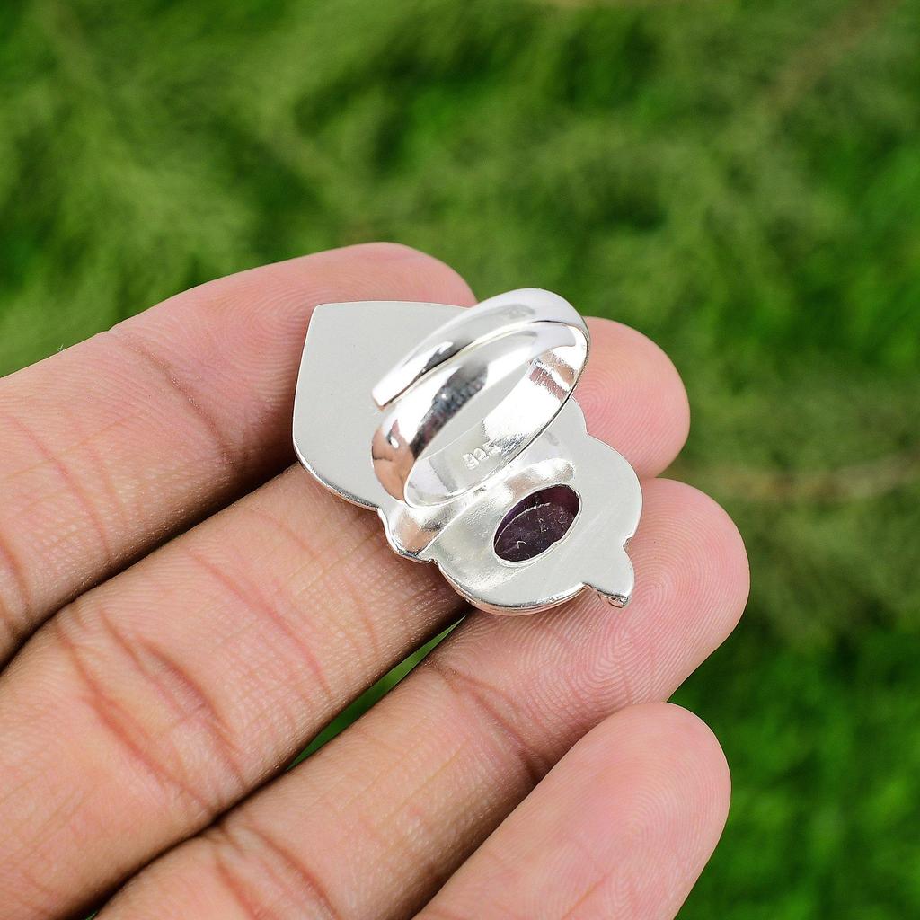 Natural African Amethyst Gemstone Solitaire Bird Adjustable Ring 925 Silver