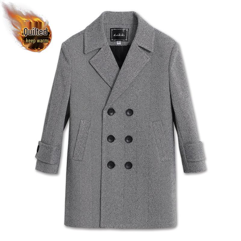 Boys' Wool Blend Plaid Overcoat with Suit Collar - Quilted, Warm, Mid-Length Trench for Autumn/Winter