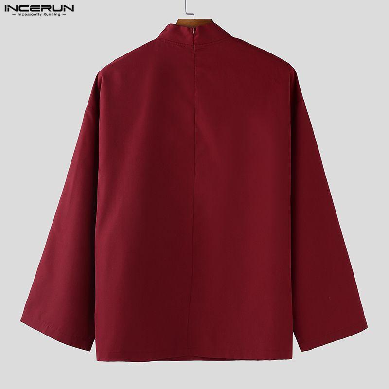 INCERUN Oversized Men Stand Neck Tie Up Long Sleeve Casual Loose Shirts