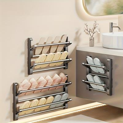 2-stöckiges Aluminium-Wand-Schuhregal - Platzsparend, Bohrloser Badezimmer-Schuh-Organizer für Hausschuhe, Badezimmer-Organizer