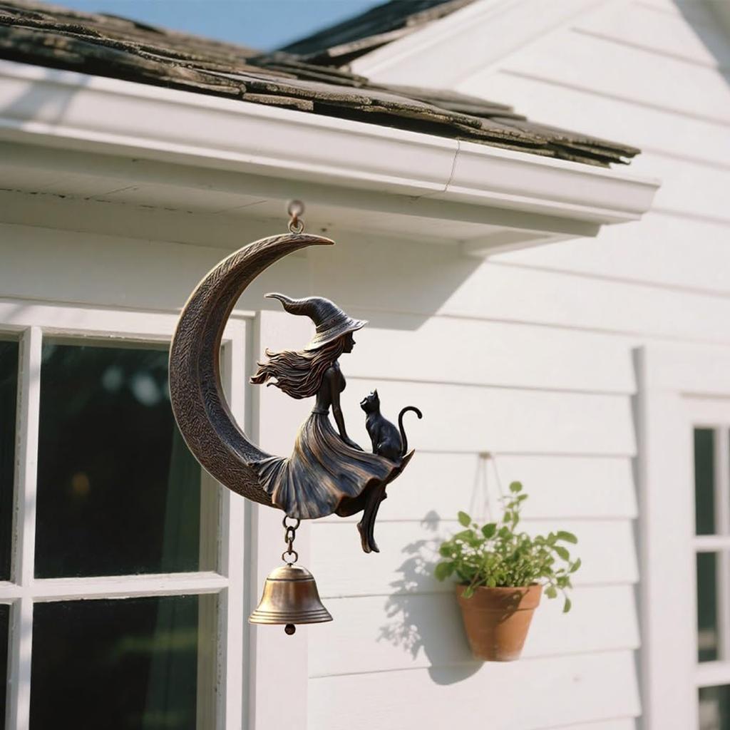 Witch Cat Moon Wind Chime, Witchy Statues Moon Cat Wind Chimes Home Decor For Outside Outdoor