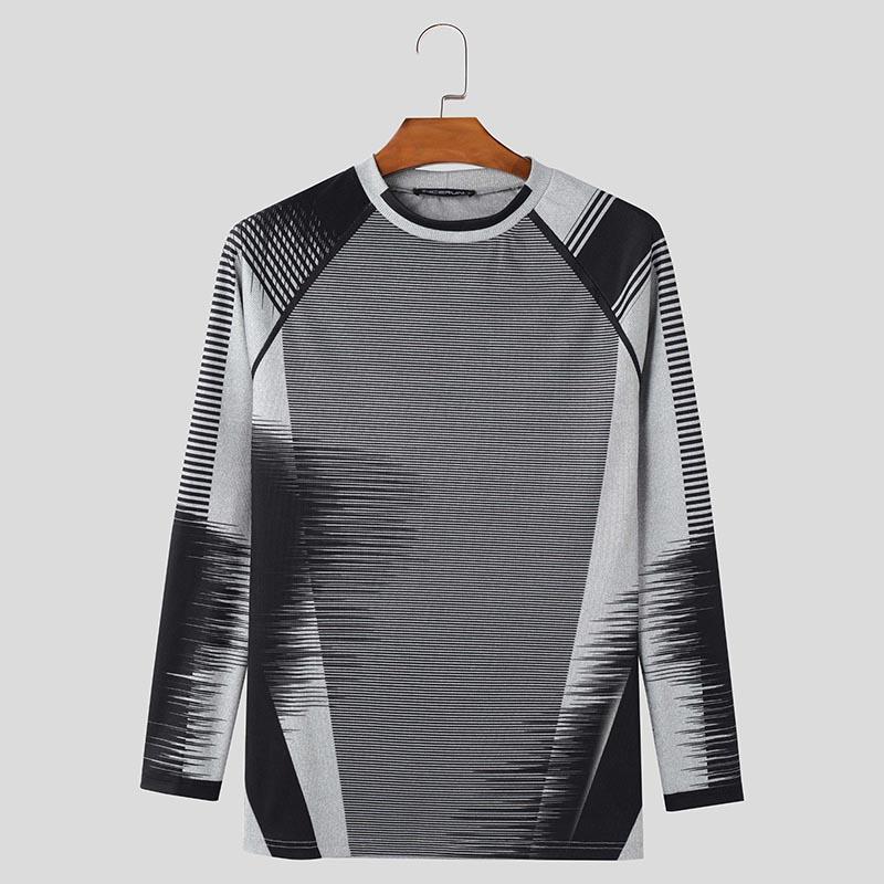 

INCERUN Men Round Neck Long Sleeve Striped Print Casual Fitted T-shirts Undershirts