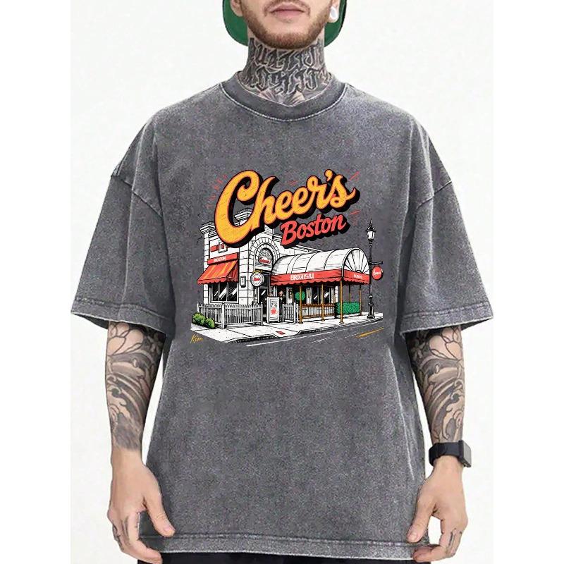 

European sizes Men s Oversized Vintage Washed T-Shirt with Iconic Cheers Boston Bar TV Show Print - Ultra-Soft Breathable Retro Tee, Casual Wear S серый