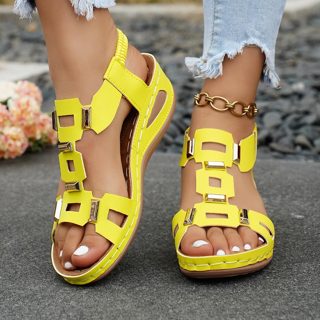 Sandali da Donna Estivi con Zeppa e Bocca di Pesce Fibbia Metallica Elastici Slip-On Scarpe alla Moda da Donna Taglie Forti