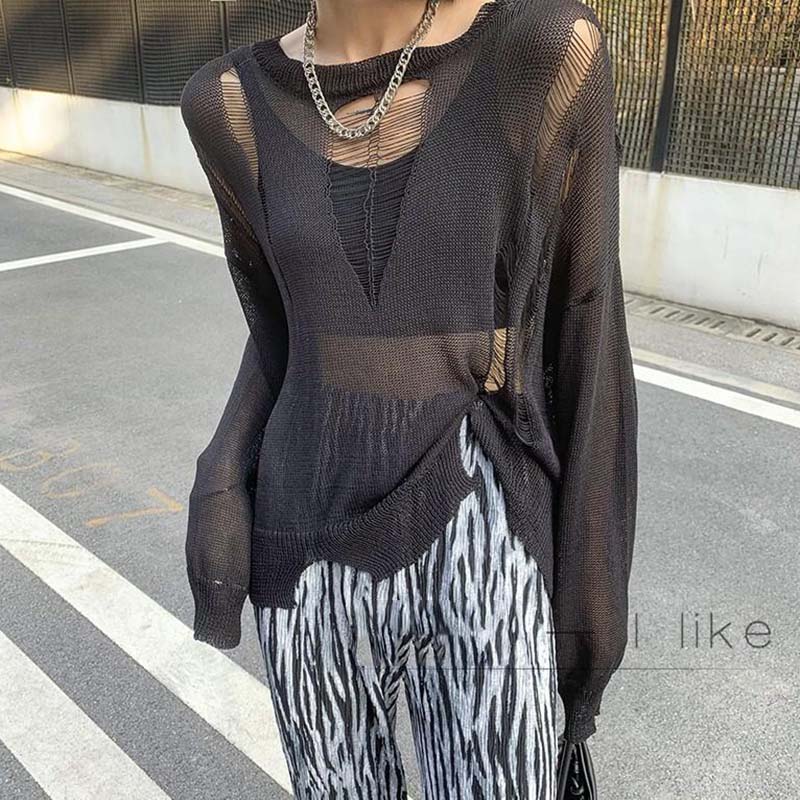 Y2K Schwarz Eis Seide Hohl Dünnen Pullover Damen Langarm Sonnenschutz Top Neue Sexy Lose Kintwear Ripped Bluse Punk stil Pullover