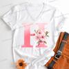 Pink Sakura Alphabet Graphic T Shirts Women AZ 26 Alphabet Pink Flower Cartoon Tshirts Cherry Blossom Letters Casual Tops Tees