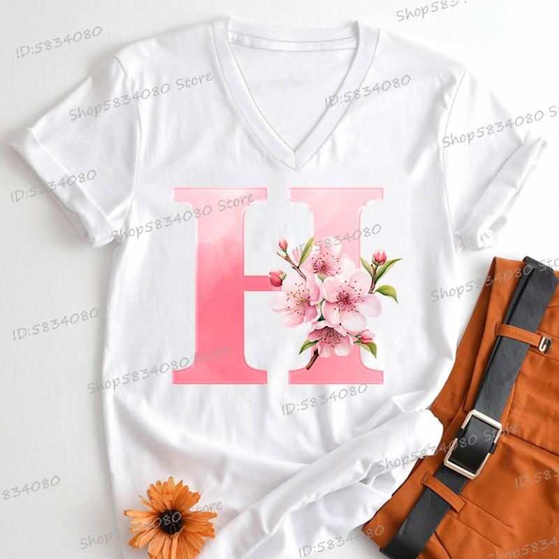 Pink Sakura Alphabet Graphic T Shirts Women AZ 26 Alphabet Pink Flower Cartoon Tshirts Cherry Blossom Letters Casual Tops Tees